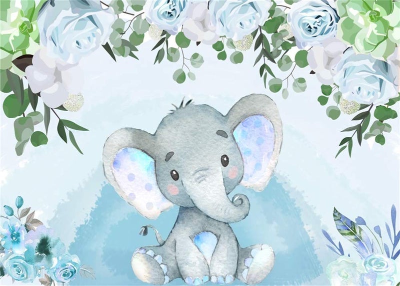 AOFOTO 7x5ft Flowers Baby Elephant Backdrop Watercolor Blue Boy Gender Reveal Party Decoration Sweet Floral Baby Shower Photoshoot Background for Photography Kid Child Birthday Photo Studio Prop Vinyl - Image 1